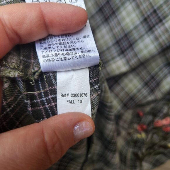Eddie Bauer Khaki Green Plaid Blouse Floral Embroidered Peasant Boho Country - Picture 12 of 12